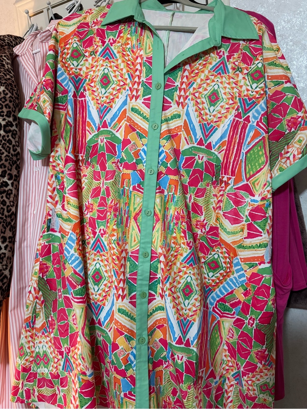 Vibrant Geometric Print Button-Up Dress with Mint Trim